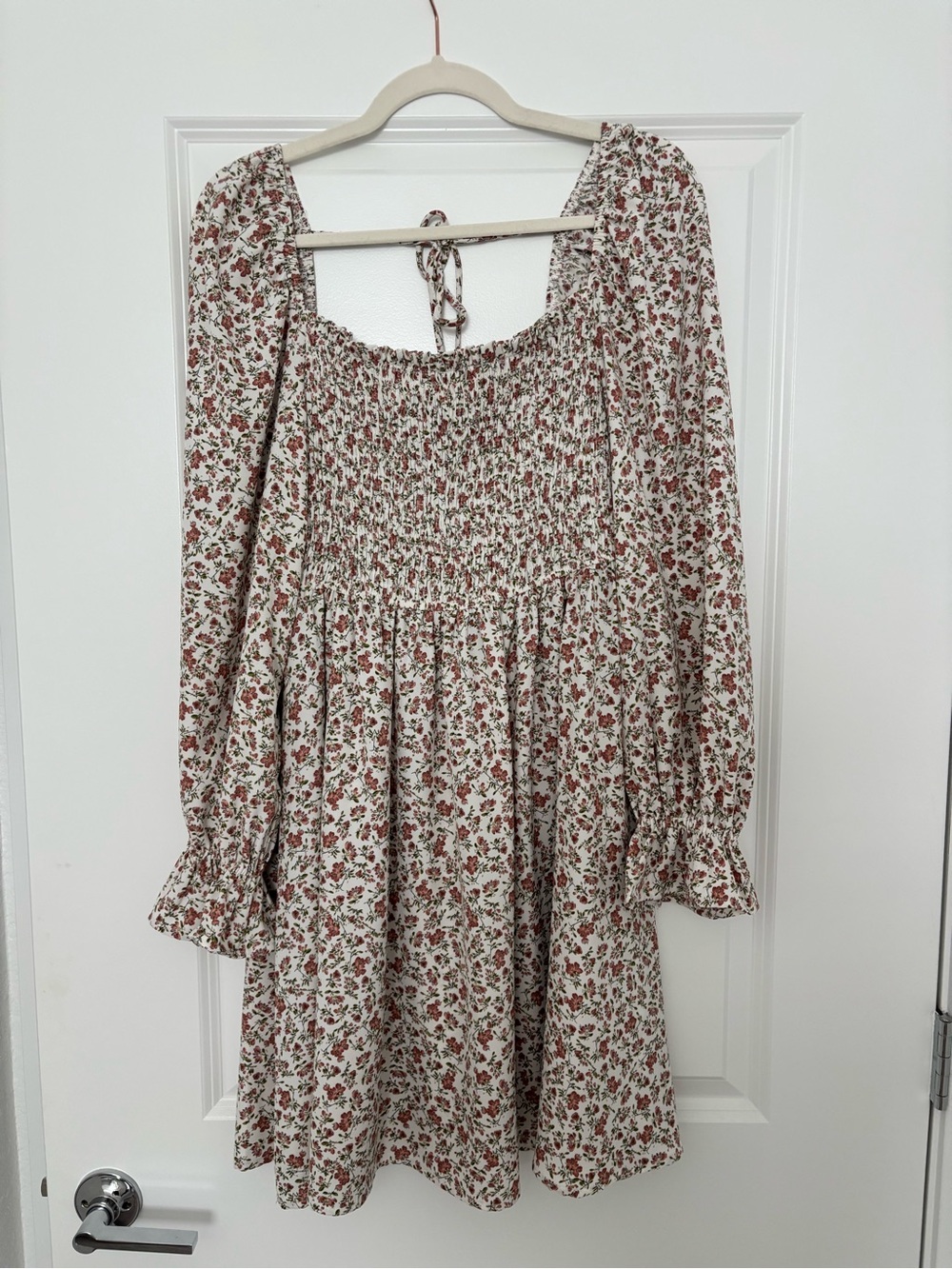 Smocked Square Neck Floral Mini Dress - Cream with Rust Floral